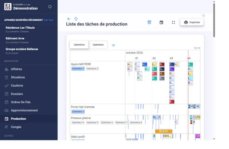 E1OS ERP : planning de production par opération, sur données anonymisées