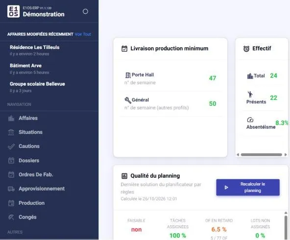 E1OS ERP : tableau de bord de production, sur un environnement de démonstration